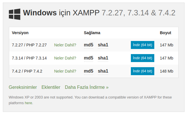 Windows için XAMPP versiyonları